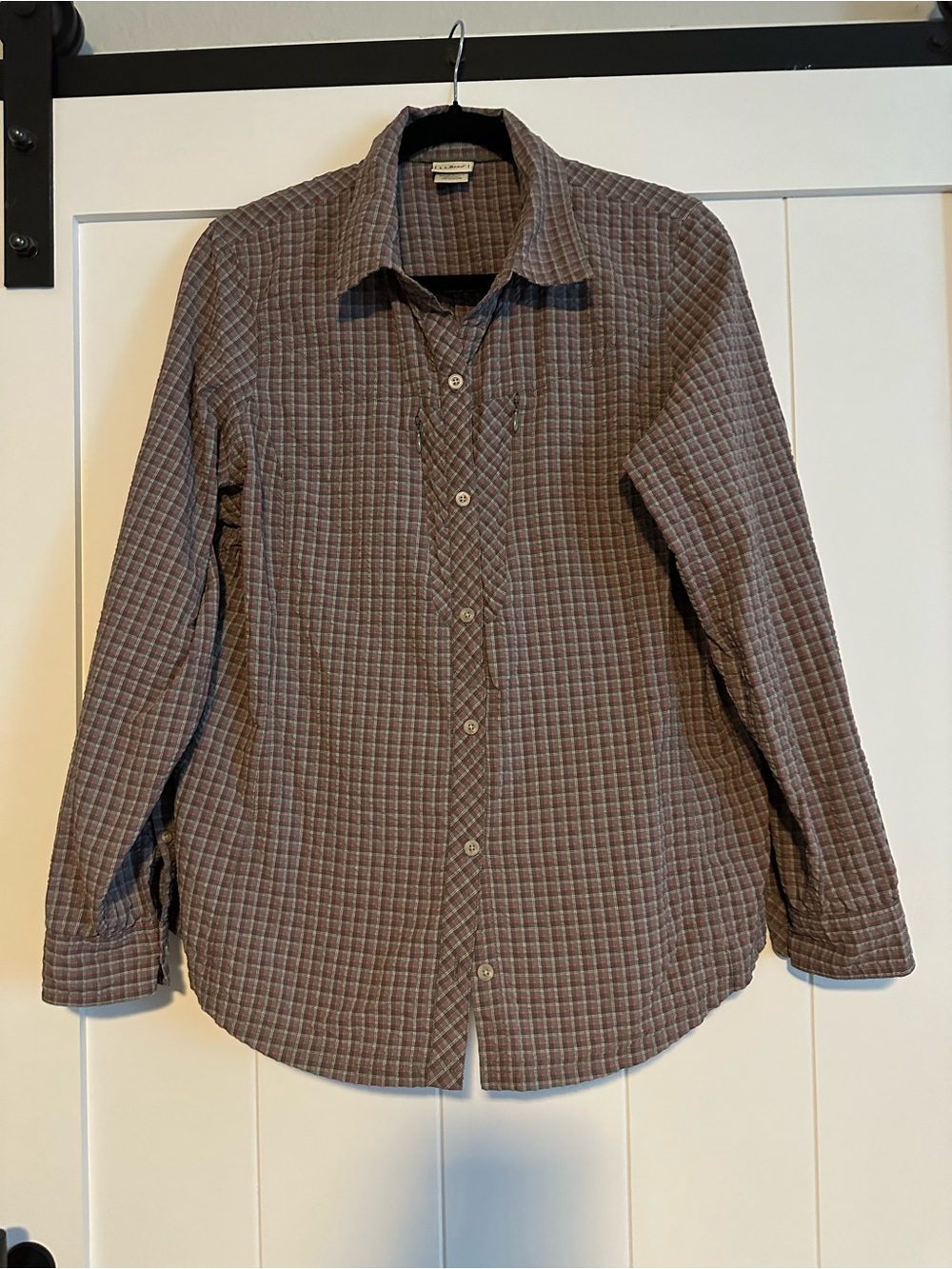 Vtg L.L. Bean Green Pink Plaid Long-Sleeve Button-Down Shirt w/ Hidden Zippers